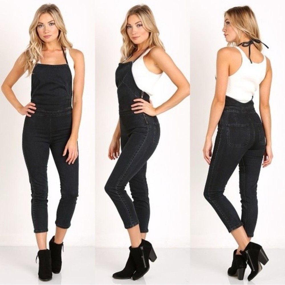 Free People Hearts on Fire Halterall Tijuana Denim Blue One Piece Jumpsuit Sz 2
